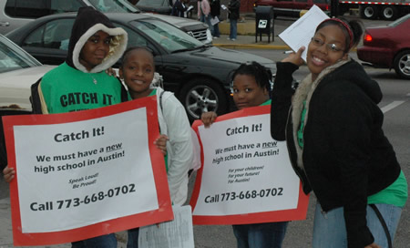 Members of the Austin Freedom Riders at the corner of North Ave and Cicero on a Saturday morning in October. In addition to attending meetings of the Chicago Board of Education, the Freedom Riders testified at the Board of Education's budget hearings in July 2007 and have been a regular presence in their community.